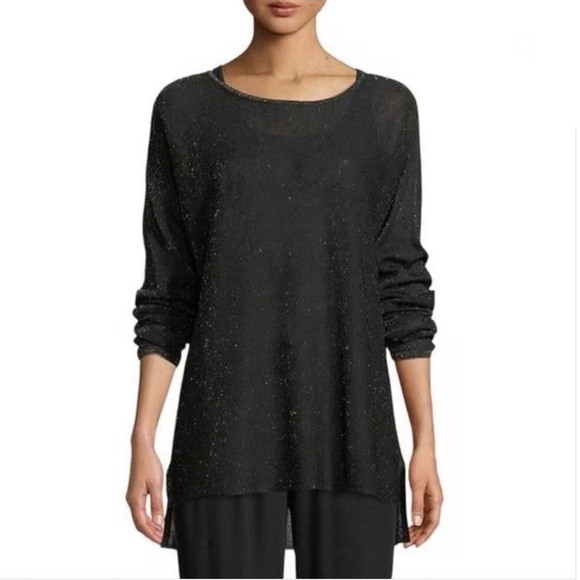 Eileen Fisher Organic Linen Crepe Sparkle Bateau Neck Tunic M Black Gold Minimal - Picture 1 of 13
